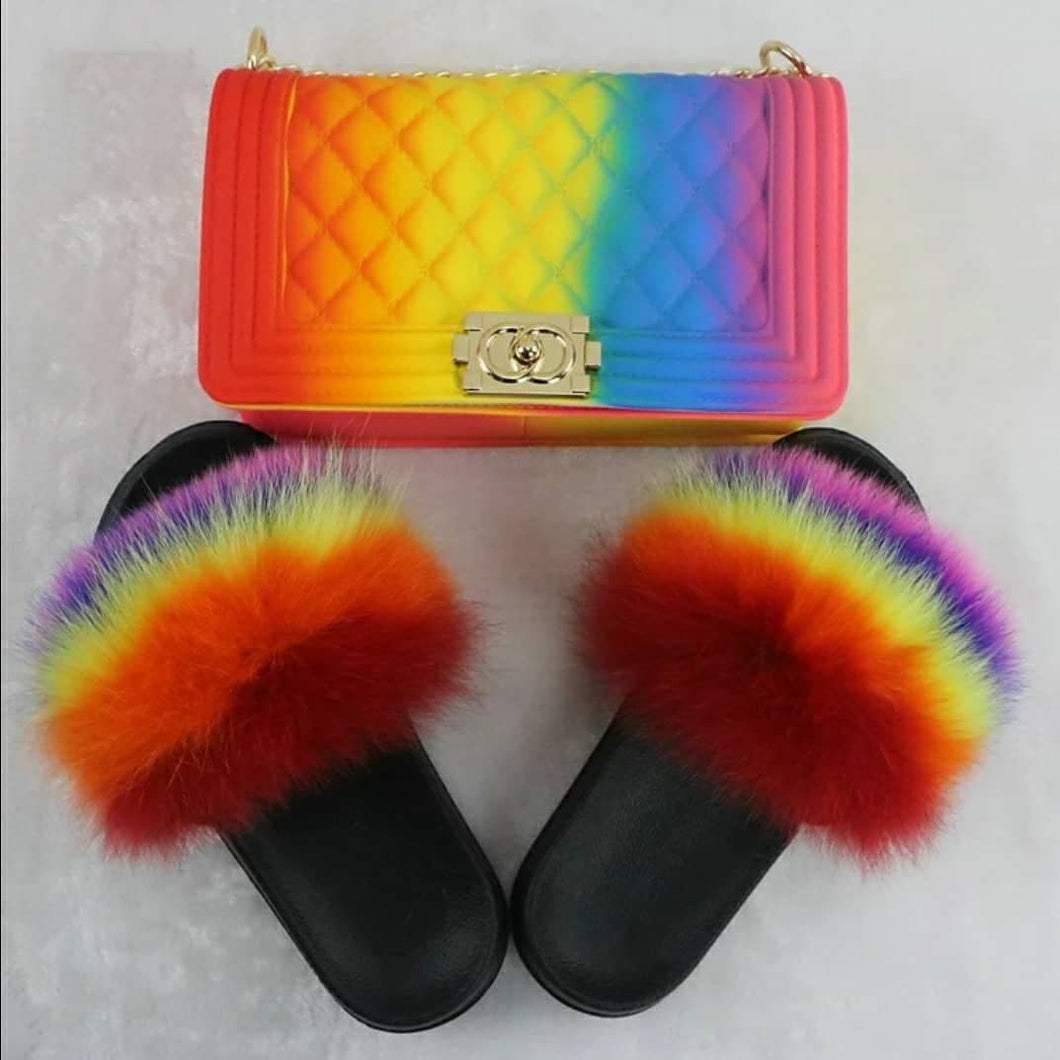 Jerzy Fur Slides and Purse Set (Rainbow)