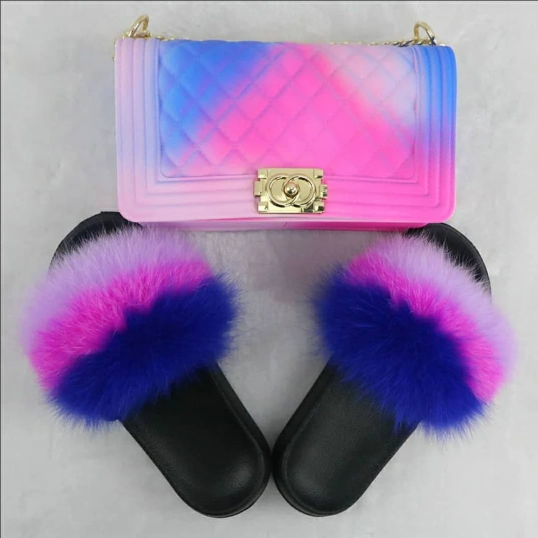 Jerzy Fur Slides and Purse Set Cotton Candy Milans Jream