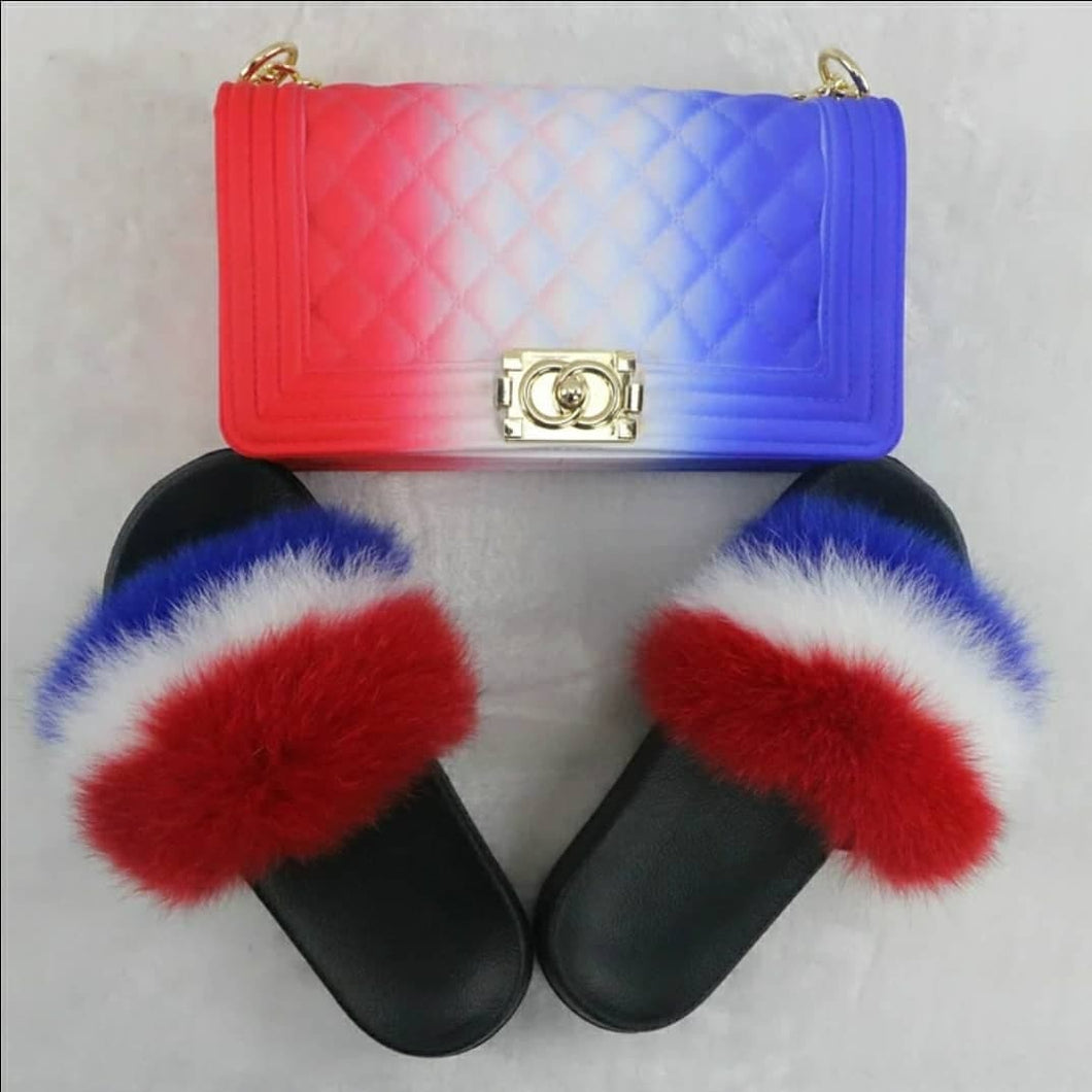 Fur slides with matching purse cheap hot sale