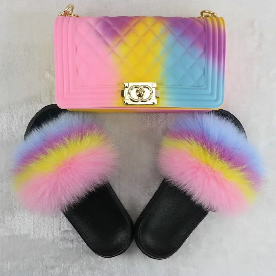 Jerzy Fur Slides and Purse Set (Pastel)